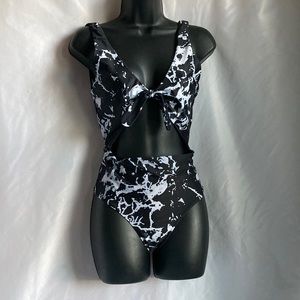 Tie-Front Black & White Marble One-Piece Swimsuit